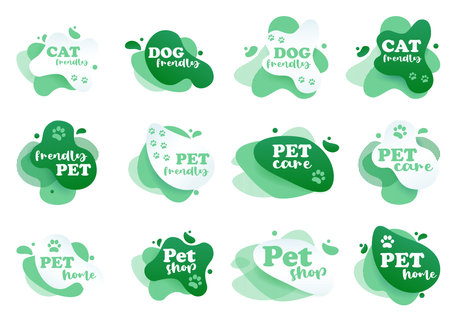Pet friendly tag. Label and stikers emblem with drops for web and print tag. Pet friendly and care label set. Vector illustration for you designのイラスト素材