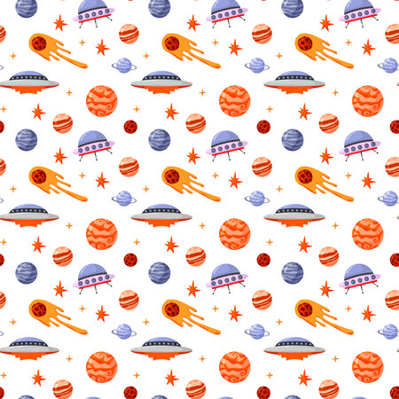 Astronaut and space seamless pattern with space elements. Seamless pattern for design, posters, backgrounds astronaut and space. Planet, comet, galaxy, alienshipsのイラスト素材