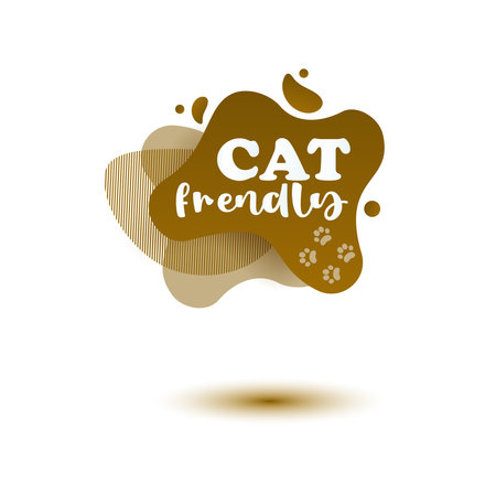 Pet friendly tag. Brown label and stikers emblem with drops of paw for web and print tag. Pet friendly and care label. Vector illustration for you designのイラスト素材