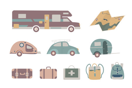 Set of doodle forest camping design elements. Hand drawn hiking and camping doodles perfect for summer camp flyers and postersのイラスト素材