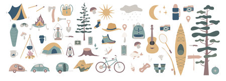 Set of doodle forest camping design elements. Hand drawn hiking and camping doodles perfect for summer camp flyers and postersのイラスト素材