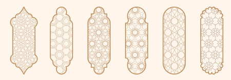 Islamic window shape with mashrabiya pattern. Arabic door frame. Islamic arhitecture elements of window and door and mashrabiya patternのイラスト素材
