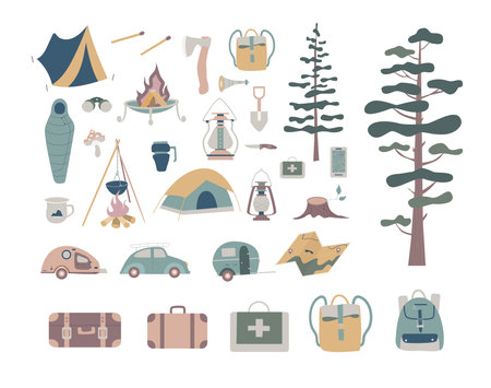 Set of doodle forest camping design elements. Hand drawn hiking and camping doodles perfect for summer camp flyers and postersのイラスト素材