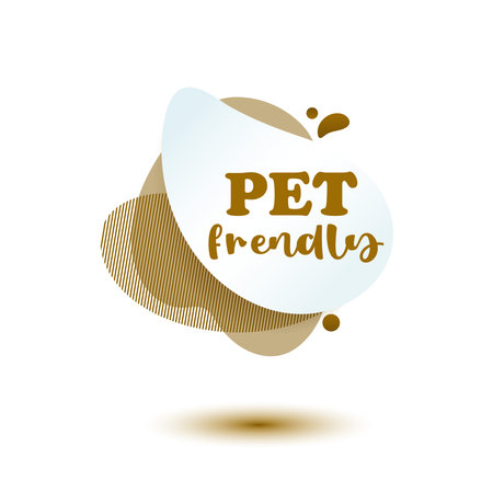 Pet friendly tag. Brown label and stikers emblem with drops of paw for web and print tag. Pet friendly and care label. Vector illustration for you designのイラスト素材