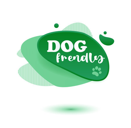 Pet friendly tag. Green label and stikers emblem with drops of paw for web and print tag. Pet friendly and care label. Vector illustration for you designのイラスト素材