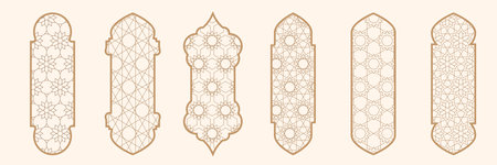 Islamic window shape with mashrabiya pattern. Arabic door frame. Islamic arhitecture elements of window and door and mashrabiya patternのイラスト素材
