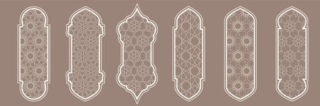 Islamic window shape with mashrabiya pattern. Arabic door frame. Islamic arhitecture elements of window and door and mashrabiya patternのイラスト素材