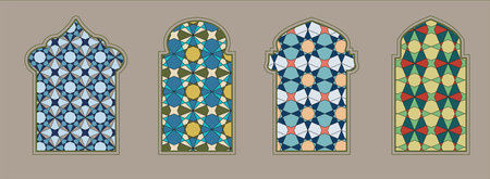 Islamic window shape with color mashrabiya pattern. Arabic door frame. Islamic arhitecture elements of window and door and color mashrabiya patternのイラスト素材