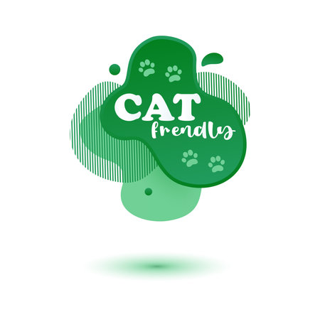 Pet friendly tag. Green label and stikers emblem with drops of paw for web and print tag. Pet friendly and care label. Vector illustration for you designのイラスト素材