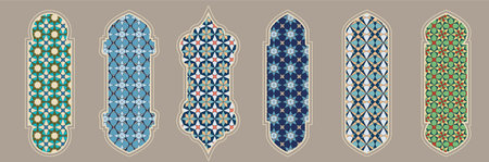 Islamic window shape with color mashrabiya pattern. Arabic door frame. Islamic arhitecture elements of window and door and color mashrabiya patternのイラスト素材