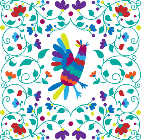 Mexican otomi embrodery seamless pattern. Colorful Mexican Traditional Textile Embroidery Style. Folk otomi style graphic, wallpaper. Festive mexican floral motifのイラスト素材