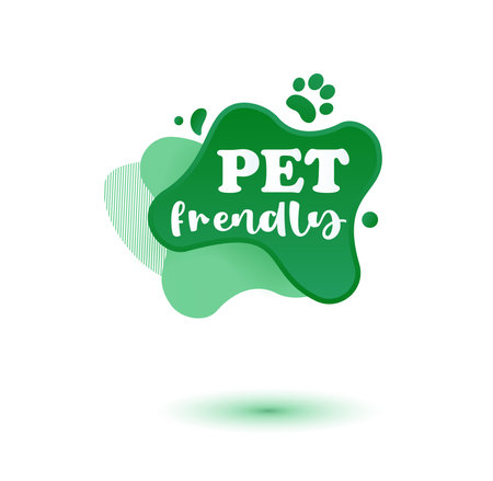 Pet friendly tag. Green label and stikers emblem with drops of paw for web and print tag. Pet friendly and care label. Vector illustration for you designのイラスト素材