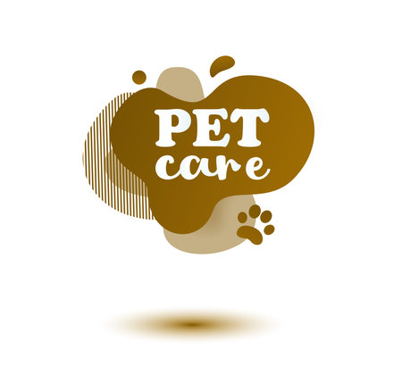 Pet friendly tag. Brown label and stikers emblem with drops of paw for web and print tag. Pet friendly and care label. Vector illustration for you designのイラスト素材