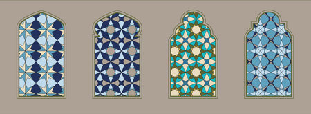 Islamic window shape with color mashrabiya pattern. Arabic door frame. Islamic arhitecture elements of window and door and color mashrabiya patternのイラスト素材