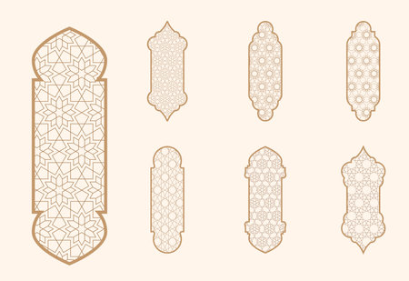 Islamic window shape with mashrabiya pattern. Arabic door frame. Islamic arhitecture elements of window and door and mashrabiya patternのイラスト素材