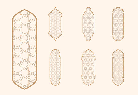 Islamic window shape with mashrabiya pattern. Arabic door frame. Islamic arhitecture elements of window and door and mashrabiya patternのイラスト素材