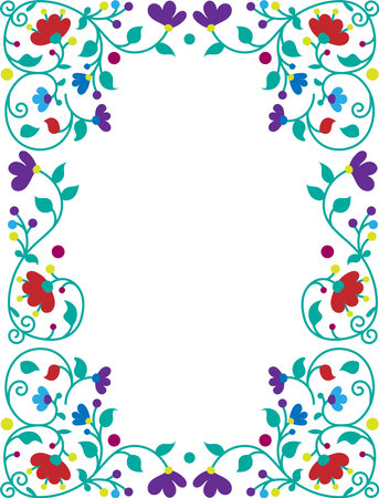 Mexican otomi embrodery ornament, frame. Colorful Mexican Traditional Textile Embroidery Style. Folk otomi style graphic, wallpaper. Festive mexican floral motifのイラスト素材