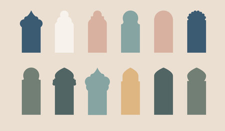 Islamic window boho colors shape. Arabic door shape. Islamic arhitecture elements of window and door.のイラスト素材