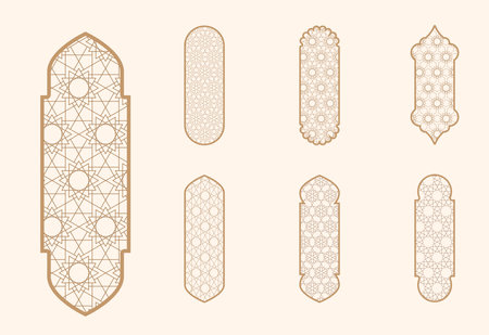Islamic window shape with mashrabiya pattern. Arabic door frame. Islamic arhitecture elements of window and door and mashrabiya patternのイラスト素材