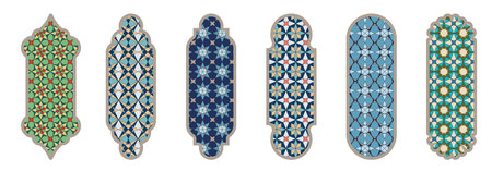 Islamic window shape with color mashrabiya pattern. Arabic door frame. Islamic arhitecture elements of window and door and color mashrabiya patternのイラスト素材