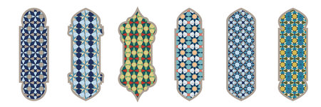 Islamic window shape with color mashrabiya pattern. Arabic door frame. Islamic arhitecture elements of window and door and color mashrabiya patternのイラスト素材