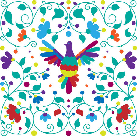 Mexican otomi embrodery seamless pattern. Colorful Mexican Traditional Textile Embroidery Style. Folk otomi style graphic, wallpaper. Festive mexican floral motifのイラスト素材