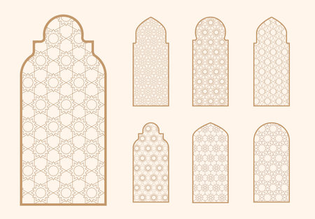 Islamic window shape with mashrabiya pattern. Arabic door frame. Islamic arhitecture elements of window and door and mashrabiya patternのイラスト素材
