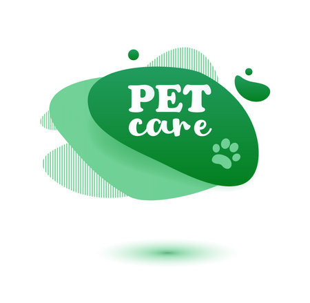 Pet friendly tag. Green label and stikers emblem with drops of paw for web and print tag. Pet friendly and care label. Vector illustration for you designのイラスト素材