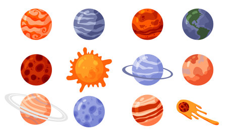 Planet and comet elements. Galaxy for design, posters, backgrounds astronaut and space. Planet, comet, galaxy, alienshipsのイラスト素材
