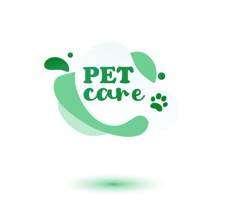 Pet friendly tag. Green label and stikers emblem with drops of paw for web and print tag. Pet friendly and care label. Vector illustration for you designのイラスト素材
