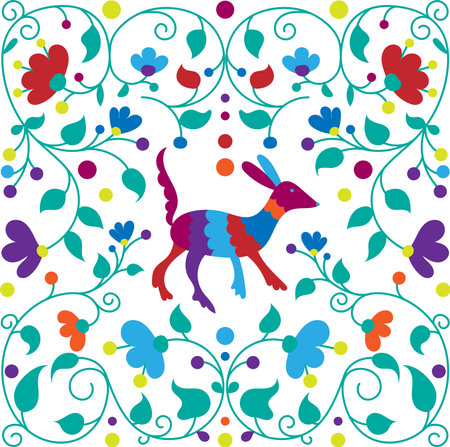 Mexican otomi embrodery seamless pattern. Colorful Mexican Traditional Textile Embroidery Style. Folk otomi style graphic, wallpaper. Festive mexican floral motifのイラスト素材