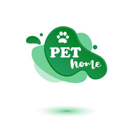 Pet friendly tag. Green label and stikers emblem with drops of paw for web and print tag. Pet friendly and care label. Vector illustration for you designのイラスト素材