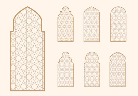 Islamic window shape with mashrabiya pattern. Arabic door frame. Islamic arhitecture elements of window and door and mashrabiya patternのイラスト素材