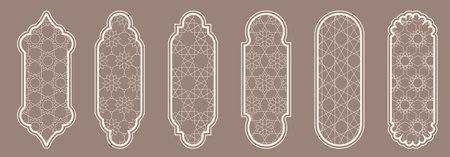 Islamic window shape with mashrabiya pattern. Arabic door frame. Islamic arhitecture elements of window and door and mashrabiya patternのイラスト素材