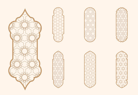 Islamic window shape with mashrabiya pattern. Arabic door frame. Islamic arhitecture elements of window and door and mashrabiya patternのイラスト素材