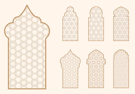 Islamic window shape with mashrabiya pattern. Arabic door frame. Islamic arhitecture elements of window and door and mashrabiya patternのイラスト素材