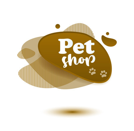 Pet friendly tag. Brown label and stikers emblem with drops of paw for web and print tag. Pet friendly and care label. Vector illustration for you designのイラスト素材