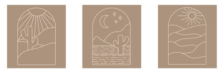 Boho boho logo cactus set in minimal line style. Landscape, cactus logo design templates in line style, geometric abstract design for decoration.のイラスト素材