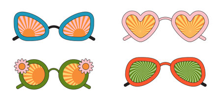 Groovy sunglasses. Collection of hippie sunglasses in trendy groovy styleのイラスト素材