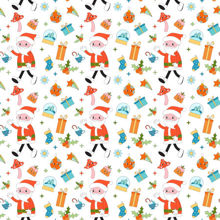 Merry Christmas groovy seamless pattern. Collection of hippie holiday winter elements in trendy old animation style. Groovy Christmas patternのイラスト素材