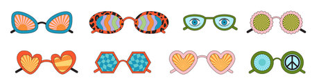 Groovy sunglasses. Collection of hippie sunglasses in trendy groovy styleのイラスト素材