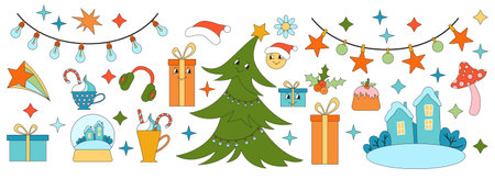 Merry Christmas groovy set. Collection of hippie holiday winter elements in trendy old animation style. Groovy Christmas stickersのイラスト素材