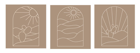 Boho boho logo cactus set in minimal line style. Landscape, cactus logo design templates in line style, geometric abstract design for decoration.のイラスト素材