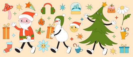 Merry Christmas groovy set. Collection of hippie holiday winter elements in trendy old animation style. Groovy Christmas stickersのイラスト素材