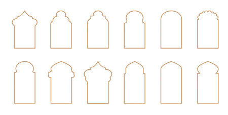 Gold islamic window shape. Arabic door frame. Islamic arhitecture elements of window and doorのイラスト素材