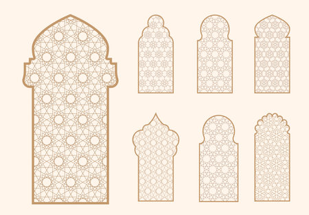 Islamic window shape with mashrabiya pattern. Arabic door frame. Islamic arhitecture elements of window and door and mashrabiya patternのイラスト素材