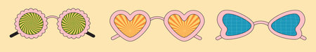 Groovy sunglasses. Collection of hippie sunglasses in trendy groovy styleのイラスト素材