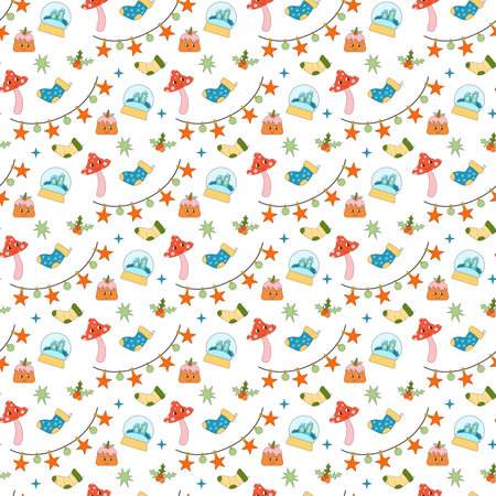 Merry Christmas groovy seamless pattern. Collection of hippie holiday winter elements in trendy old animation style. Groovy Christmas patternのイラスト素材