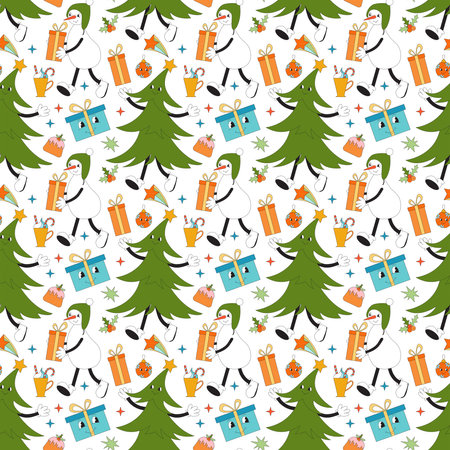 Merry Christmas groovy seamless pattern. Collection of hippie holiday winter elements in trendy old animation style. Groovy Christmas patternのイラスト素材