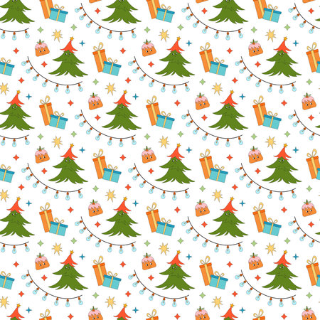 Merry Christmas groovy seamless pattern. Collection of hippie holiday winter elements in trendy old animation style. Groovy Christmas patternのイラスト素材